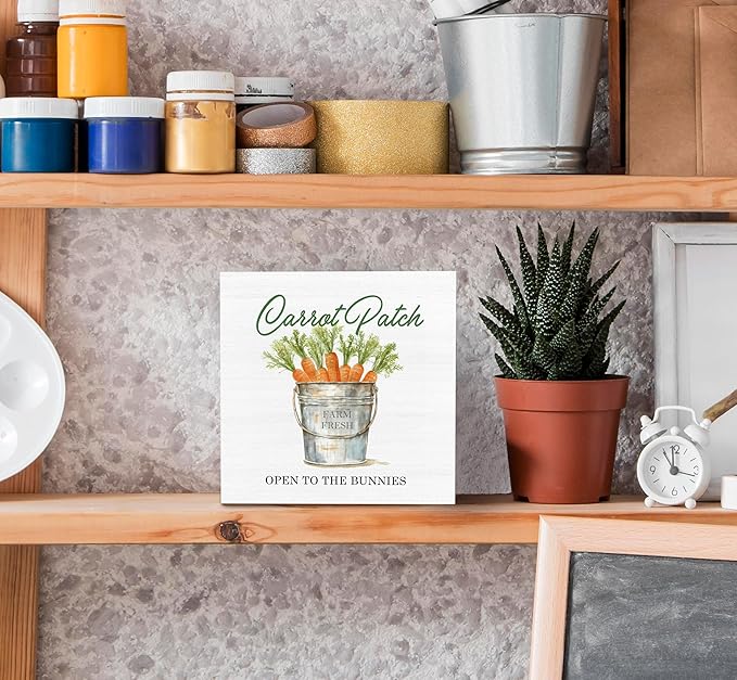 SRADMO Easter Sign, Carrot Patch Easter Wood Box Sign Desk Decor, Easter Carrot Decorations, Farmhouse Easter Theme Wooden Block Box Sign Decoration for Home Office Shelf Table Decor-Ruum Studio Home