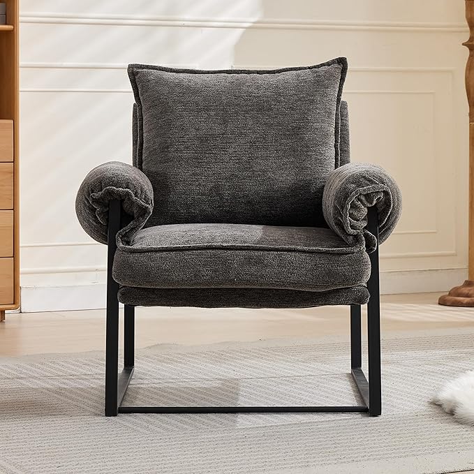 YISHENG Accent Chair with 6-Angle Adjustable Backrest, Chenille Fabric Living Room Chair Upholstered Lounge Chair, Modern Chair Cozy Reclining Chair for Reading Room, 1PC Gray-Ruum Studio Home