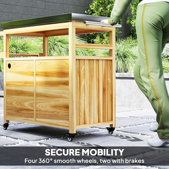 Outsunny Outdoor Grill Cart with Wheels and Storage, Solid Wood Outdoor Kitchen Island with Stainless Steel Top, Movable Bar Cart with Spice Rack, Side Handle, Integrated Hole for BBQ, Natural Wood-Ruum Studio Home