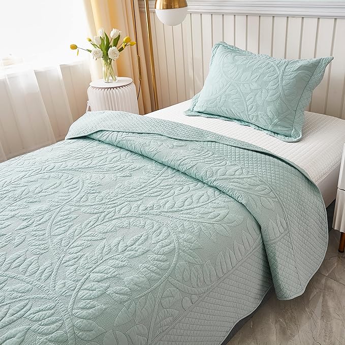MarCielo 3-Piece 100% Cotton Oversized Bedspread Lightweight Quilt Coverlet Embroidery Farmhouse Bedding Set T0 (Aruba Blue, Twin (68"x86"))-Ruum Studio Home