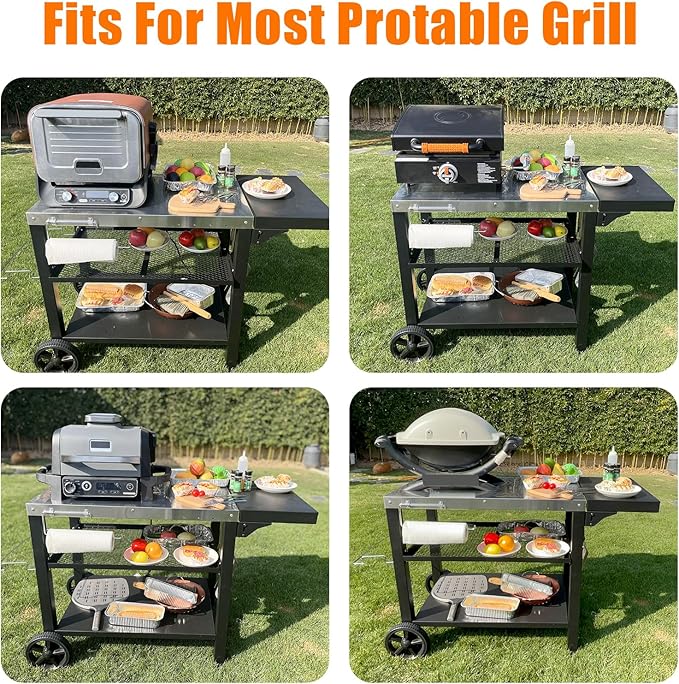 Grill Cart, Outdoor Grill Table, Pizza Oven Stand, Three-Shelf BBQ Table, Movable Dining Cart with Drawer, Fits for Ninja Woodfire Grill, Blackstone Griddle,Tabletop Grill-Ruum Studio Home