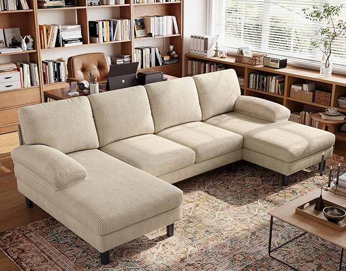 LINSY HOME Sectional Couch, 111'' W Corduroy U Shaped Sofa with Sleepable Armrests, 4 Seat Couch with Double Chaises, Deep Seat Sofa for Living Room, Beige-Ruum Studio Home