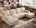 LINSY HOME Sectional Couch, 111'' W Corduroy U Shaped Sofa with Sleepable Armrests, 4 Seat Couch with Double Chaises, Deep Seat Sofa for Living Room, Beige-Ruum Studio Home
