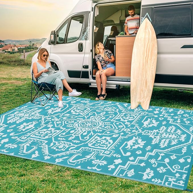 Waterproof Outdoor Rug 9x18 Reversible Plastic Straw Patio Rug, Stain-Resistant Vintage Medallion Carpet, Large Indoor Outdoor RV Mat for Deck, Camping, Balcony, Light Blue/White-Ruum Studio Home