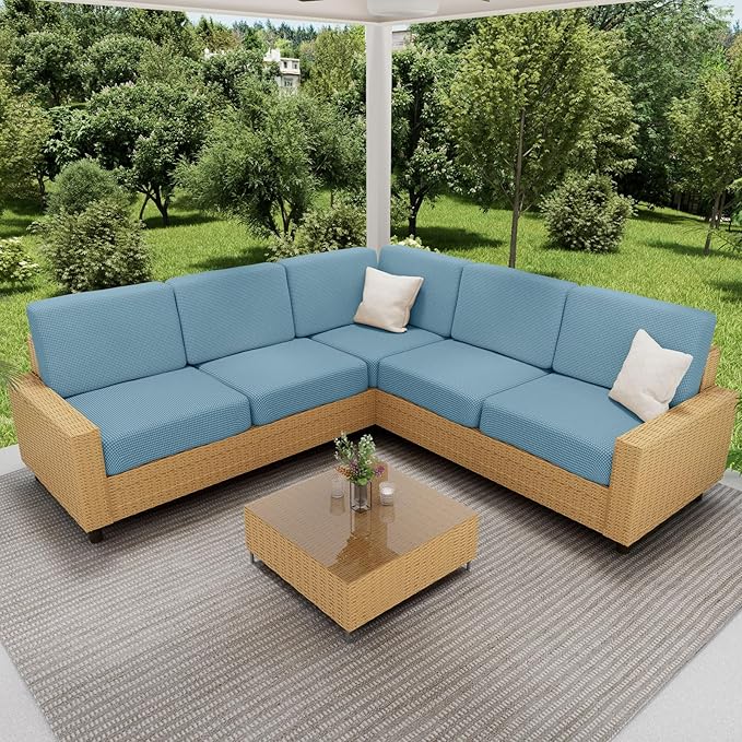 hyha Waterproof Sectional Couch Covers, Non Slip Sofa Couch Cushion Covers L Shape, Thick Stretch Jacquard Fabric, Washable Sofa Slipcovers with Elastic Bottom (1 Piece for Chaise, Lake Blue)-Ruum Studio Home