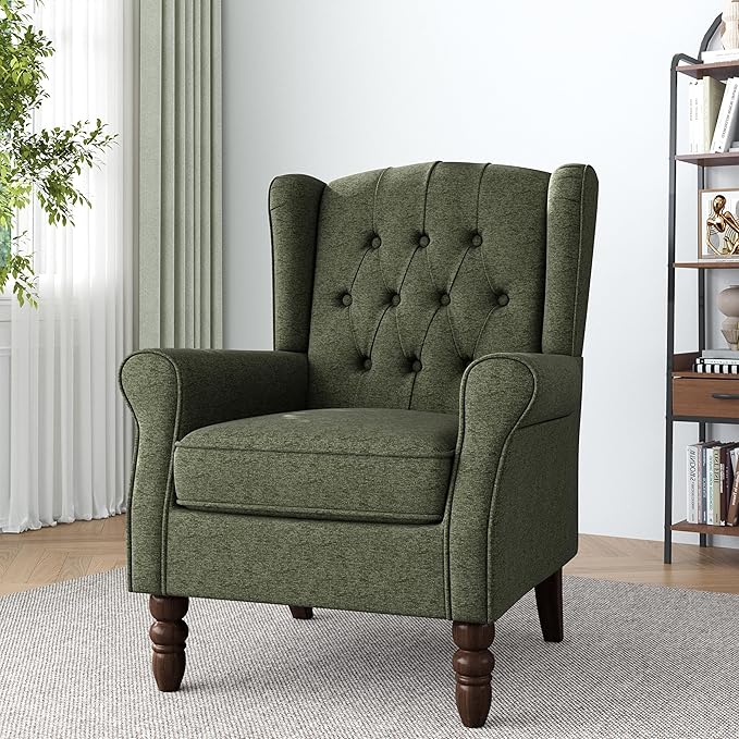 Lumibee High Back Accent Chair,Upholstered Wingback Armchair with Solid Wood Legs for Small Spaces,Comfy Single Sofa Chair for Living Room,Bedroom,Office-Green-Ruum Studio Home
