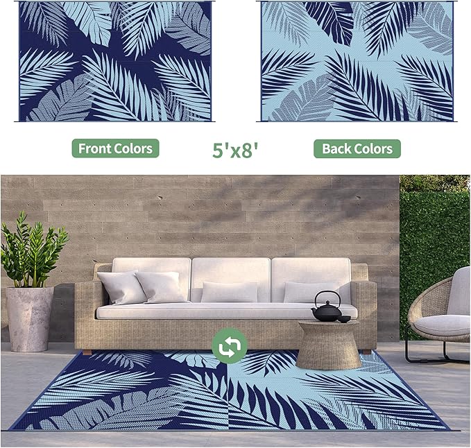 GENIMO Outdoor Rug 5' x 8' Waterproof for Patios Clearance, Reversible Outdoor Plastic Straw Camping Rug Carpet, Large Area Rugs Mats for RV, Camper, Deck, Balcony, Porch, Beach, Navy Blue&Baby Blue-Ruum Studio Home