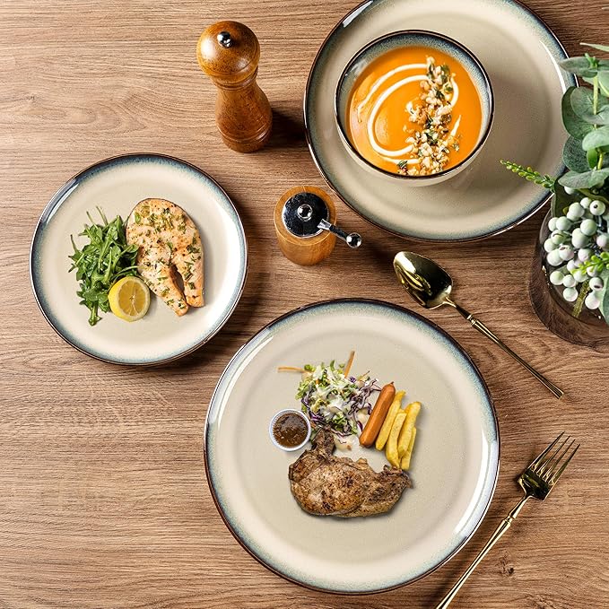 GBHOME Ceramic Dinnerware Sets for 4, 12 Pieces Stoneware Plates and Bowls Sets, Scratch Resistant Dishes, Dishwasher & Microwave Safe, Reactive Glaze-Gravel-Ruum Studio Home