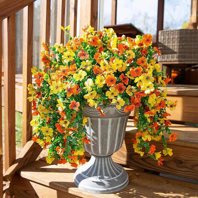 INSPRING Artificial Flowers for Outdoors Fake Mums Hanging Plants Decor, 2Pcs Silk Daisy with Eucalyptus UV Resistant Look Real Trailing Vines for Planter Front Door Patio Yard, OrangeYellow-Ruum Studio Home