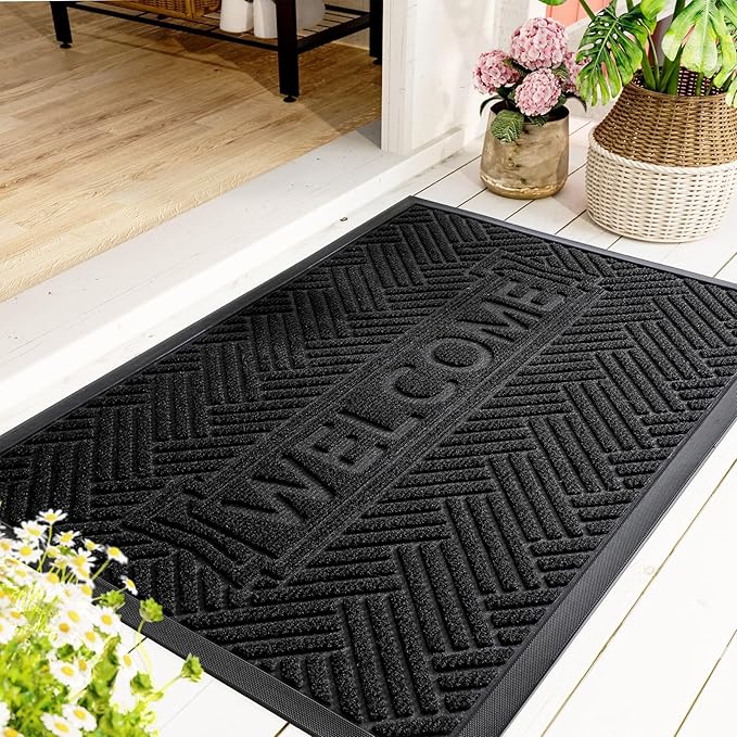 Mibao Front Door Mat Outside Entrance, Durable Outdoor Indoor Mat, Low Profile Heavy Duty Doormat, Non-Slip, Traps Dirt and Moisture, Easy Clean Patio Porch Entryway Mat, 36" x 24", Black-Ruum Studio Home