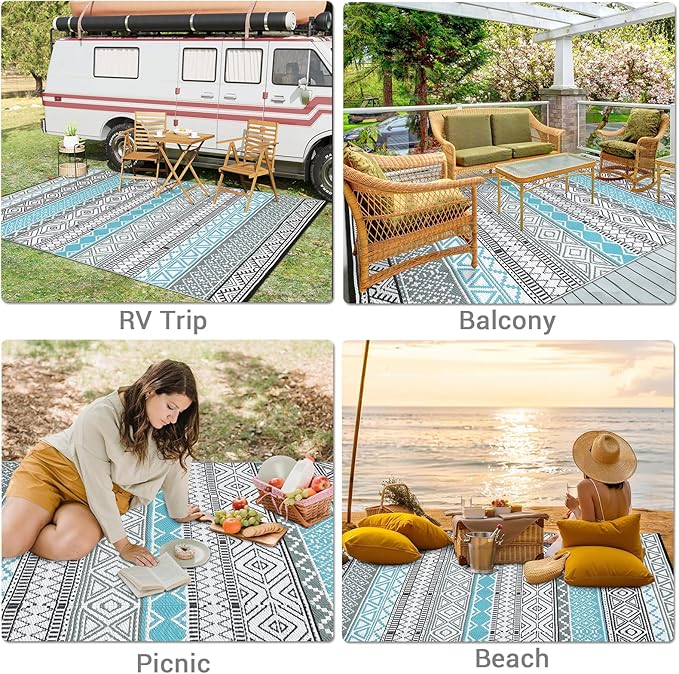 GAOMON Outdoor Rug 9'x12' Waterproof Rug for Patio Decor, Foldable Reversible Plastic Straw Area Rugs Mat for Camper, Outside Carpet for Deck, Porch, Picnic, Beach, Blue/Grey(Bohemia)-Ruum Studio Home