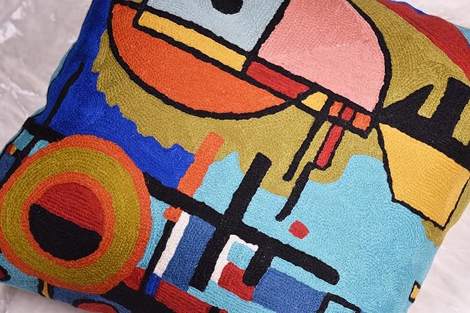 Kandinsky Upwards Abstract Pillow Cover Blue Decorative Throw Pillowcase Modern Chair Cushion Contemporary Accent Pillowsham Couch Handembroidered Wool Size 18x18-Ruum Studio Home