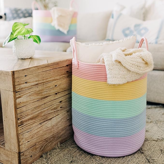 OrganiHaus Cotton Rope Basket for Rainbow Classroom Decor 15x18 | Toy Basket for Pastel Room Decor | Playroom Organization and Storage | Toy Bins & Book Basket | Tall Blanket Basket for Living Room-Ruum Studio Home