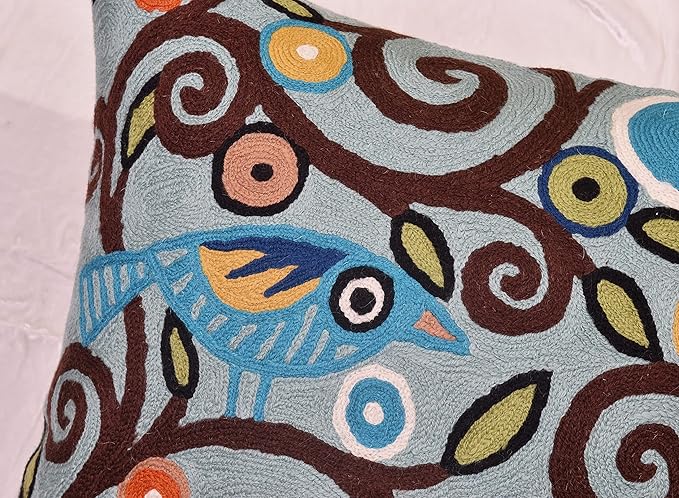 Tree of Life Birds Pillow Cover Teal Blue Floral Pillowcase Botanical Floral Outdoor Suzani Cushions Traditional Flower Cushion Hand Embroidered Cushions Wool Size - 18x18-Ruum Studio Home