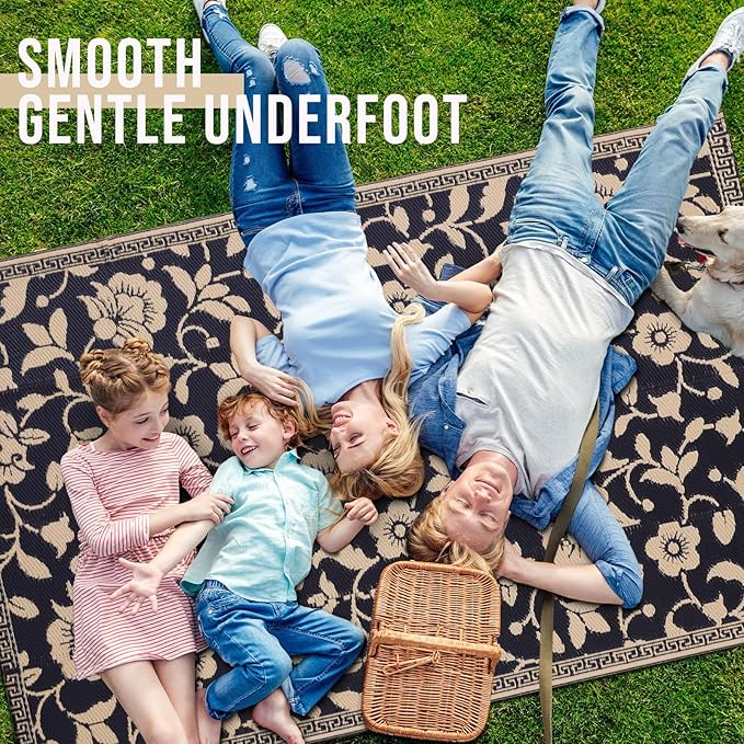 OLANLY Waterproof Outdoor Rug 5x8 ft, Outdoor Plastic Straw Rug with Flower Pattern, Reversible RV Mat for Patio, Camping, Balcony, Deck, Backyard, Black & Beige-Ruum Studio Home