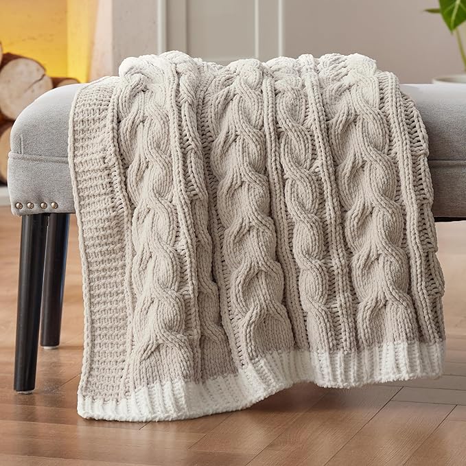 Bedsure Cable Knit Throw Blanket for Couch Bed - Breathable Chenille Chunky Knit Throw Blanket for Decorative Gift, GentleSoft Cozy and Warm for Winter and All Seasons, Beige, 50x60 Inches-Ruum Studio Home