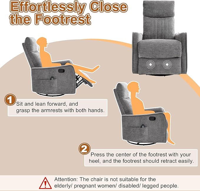 Manual Swivel Rocker Recliner Chair for Adults, Overstuffed Reclining Glider Chair for Nursing with Vibration Massage & Heat, Living Room Rocking Recliner 2-Stage backrest, Chenille Fabric Dark Gray-Ruum Studio Home