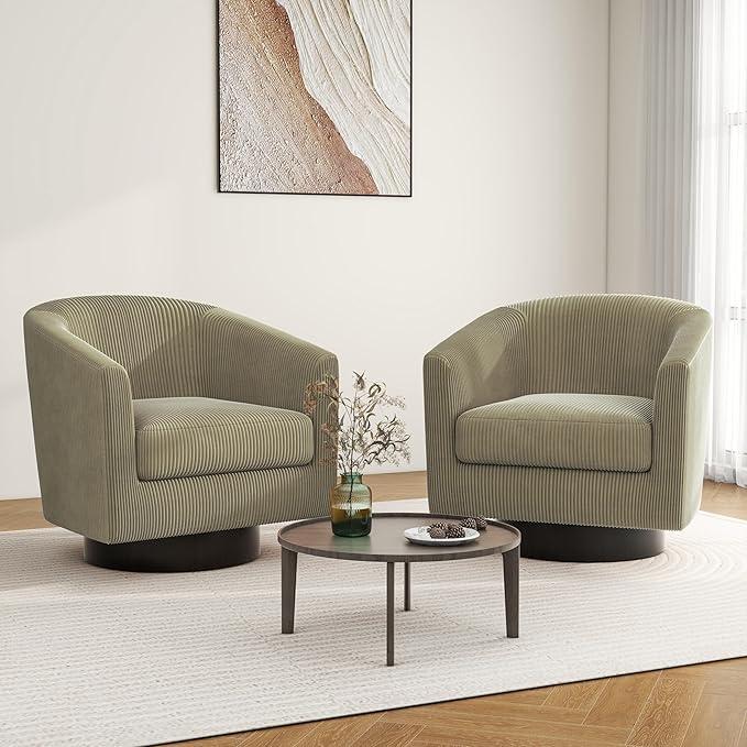 Swivel Barrel Accent Chair, Modern Round Corduroy Fabric Arm Chair for Living Room, Bedroom, Comfy Club Reading Chairs for Adults (Corduroy Camel, Set of 2)-Ruum Studio Home
