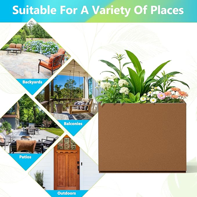 FENCY Metal Planter Box, Large Rectangular Planters for Outdoor Plants, Outdoor Tall Planters with Drainage Holes, Brown Metal Planters (30" L x 12" W x 24" H)-Ruum Studio Home