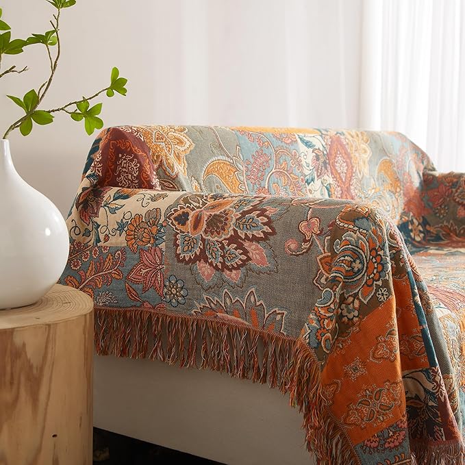 Boho Throw Blanket for Bed 60”x80”, 100% Cotton Woven Blanket for Couch Sofa, Ultra Soft 4-Layer Muslin Quilt with Patchwork Floral Printed, Farmhouse Bed Blanket/Cover for Living Room Decor-Ruum Studio Home
