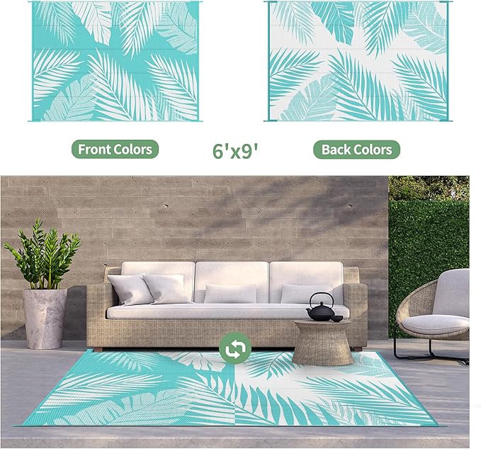 GENIMO Outdoor Rug 6' x 9' Waterproof for Patios Clearance, Reversible Outdoor Plastic Straw Camping Rug Carpet, Large Area Rugs Mats for RV, Camper, Deck, Balcony, Porch, Beach, Aqua Blue&White-Ruum Studio Home