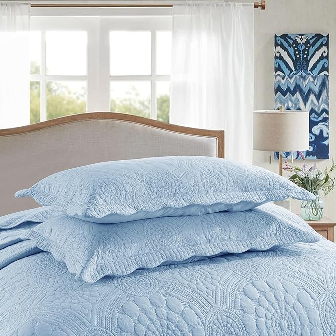 MarCielo 3-Piece 100% Cotton Oversized Bedspread Lightweight Quilt Coverlet Embroidery Farmhouse Bedding Set (Tf Light Blue, Oversized Queen (100"x106"))-Ruum Studio Home