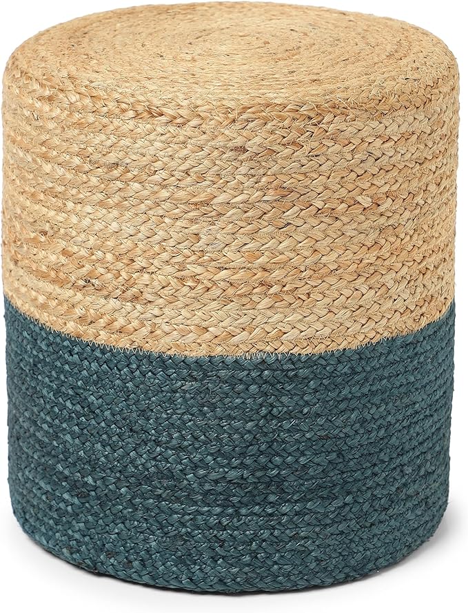 REDEARTH · Cylindrical Pouf Foot Stool Ottoman - Jute Braided Pouffe Poof Accent Sitting Footrest for Living Room, Bedroom, Nursery, Patio, Lounge Set of 2 (Natural Teal, 14.5"x14.5"x16")-Ruum Studio Home
