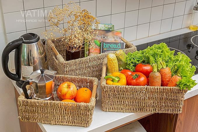 VATIMA Seagrass Baskets with Wooden Handles, Set of 3 Decorative Natural Wicker Baskets for Kitchen-Ruum Studio Home