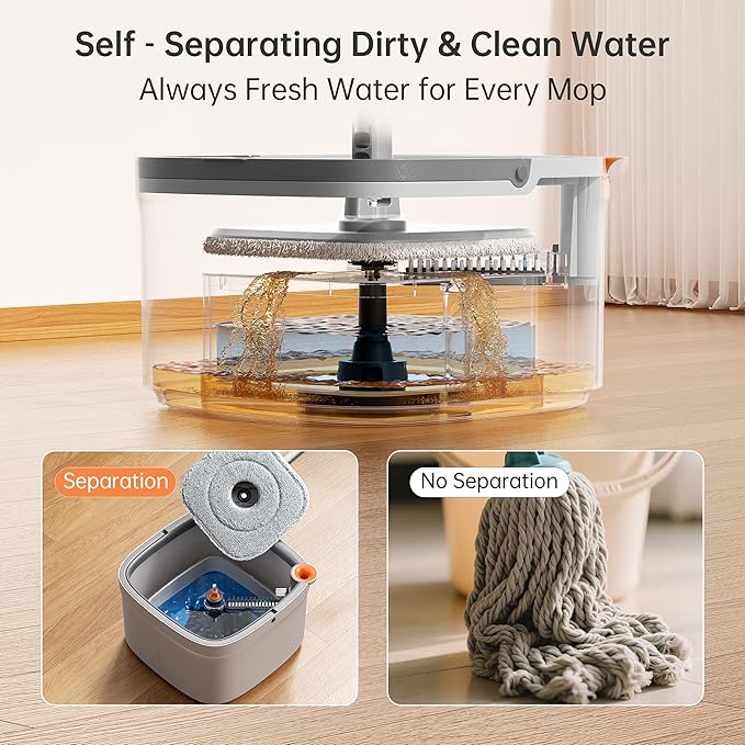 KZKR Spin Mop and Bucket Set with Self Separation Dirty and Clean Water System, Self Wringing 360° Rotating Square Mop Head for Home Floors Cleaning (1.0 Mop and Bucket Set (6 Pads))-Ruum Studio Home
