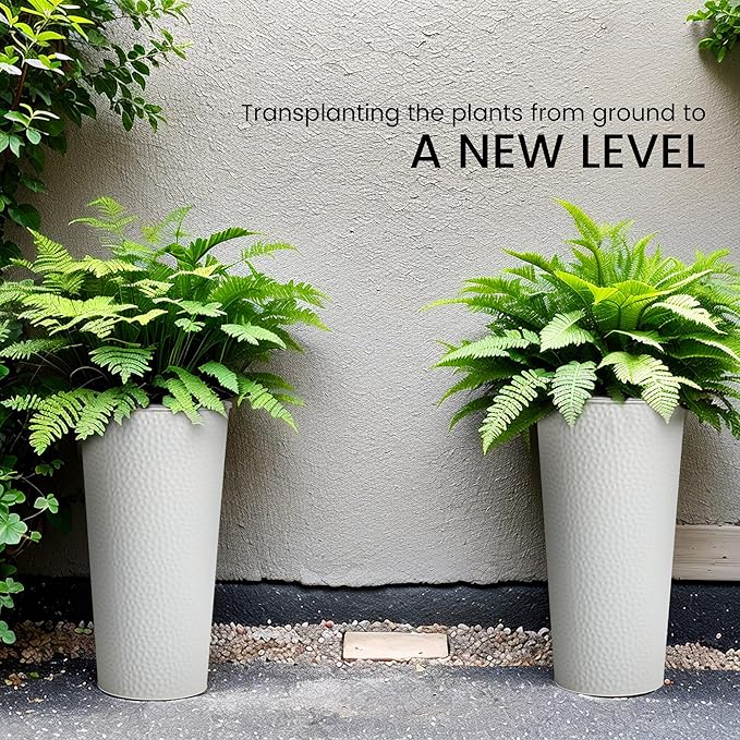 KOL 28" H. Tall Metal Cone Planters with Inner Pots 2-Pack, White Hand-Hammered Large Decor Planter for Deck, Patio, Porch - Handcrafted Flower Pot - with Water Level Indicator - Indoor Outdoor Use-Ruum Studio Home