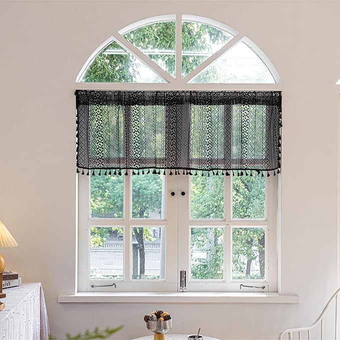Sutuo Home Black Boho Valance Curtains Crochet Lace Sheer Bohemian Hollow Knitted with Tassels, Privacy Vintage Mid Century Farmhouse Tier for Kitchen, Rod Pocket 1 Panel,59" W x 36" L-Ruum Studio Home