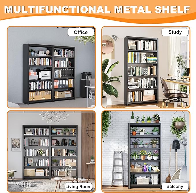 5 Tier Book Shelf, Metal Bookshelf, 69.3” Tall Black Bookcase, Free-Standing Industrial Bookshelves, Tools-Free Assembly Book Storage Organizer for Bedroom, Living Room, Office (Black)-Ruum Studio Home