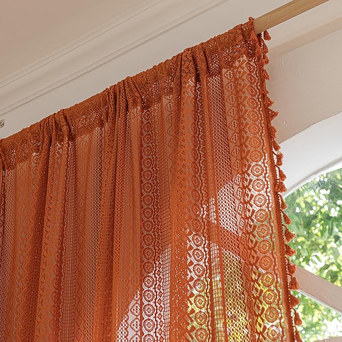 Sutuo Home Burnt Orange Boho Curtains 84 inches Long for Bedroom Living Room, Terracotta Crochet Lace Sheer Bohemian Hollow Knitted Tassels,Window Treatment Drapes Fall Decor, 1 Panel 59" W x 84" L-Ruum Studio Home