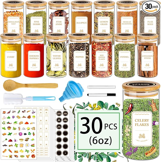 Spice Jars with Labels, 30Pcs 6oz Glass Spice Jars with Bamboo Lids, Minimalist Stackable Airtight Spice Containers with 426 labels for Kitchen Seasoning, Tea, Herbs, Coffee, Sugar,Shells-Ruum Studio Home