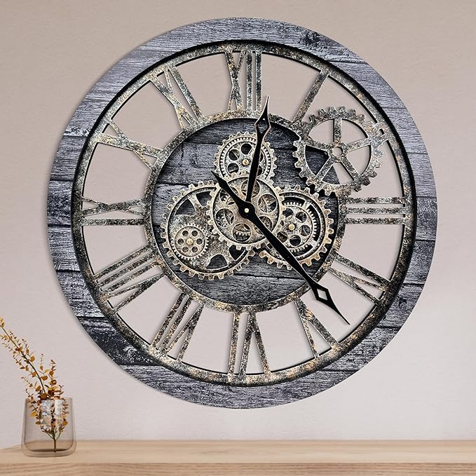 The B-Style Large Wall Clock 24 inch Moving Gear Wall Clock Oversized Vintage Farmhouse Wall Clocks for Living Room Decor Rustic Industrial Wood Clock (Carbon Gray, 36 inch/90cm)-Ruum Studio Home