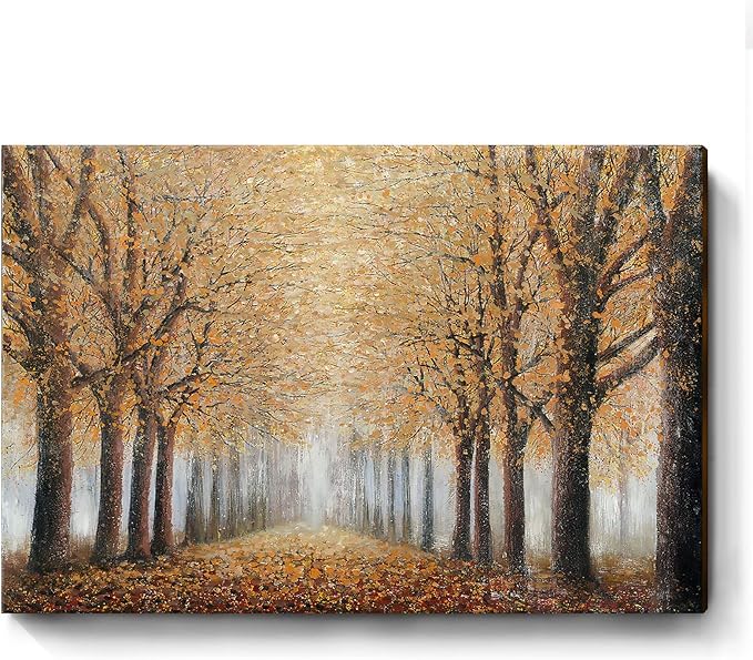Large Tree Wall Art for Living Room Hand-Painted Forest Oil Painting Framed Yellow Grove Artwork Autumn Landscape Canvas Picture for Living Room Bedroom Home Decorations Wall Decor Large 48"x32"-Ruum Studio Home