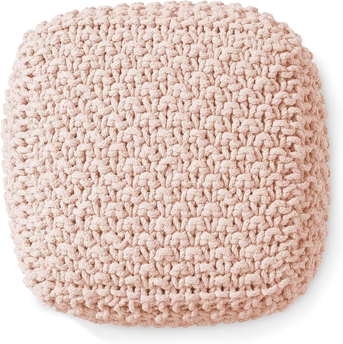 Casafield Square Pouf Ottoman, Light Pink 18.5" W x 18.5" D x 14.5" H Cotton Knit Foot Stool - Boho Floor Pouffe for Living Room, Bedroom, Home Office-Ruum Studio Home