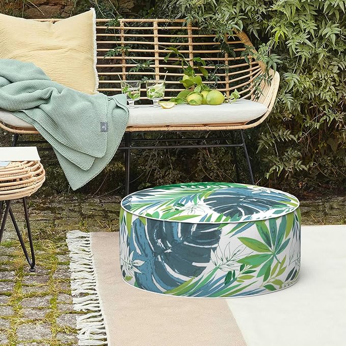LVTXIII Outdoor/Indoor Round Inflatable Ottoman, All Weather Patio Footstool, Portable Footrest Seat for Patio Garden, Camping or Home, 21"x21"x9", Islamorada Blue Green-Ruum Studio Home