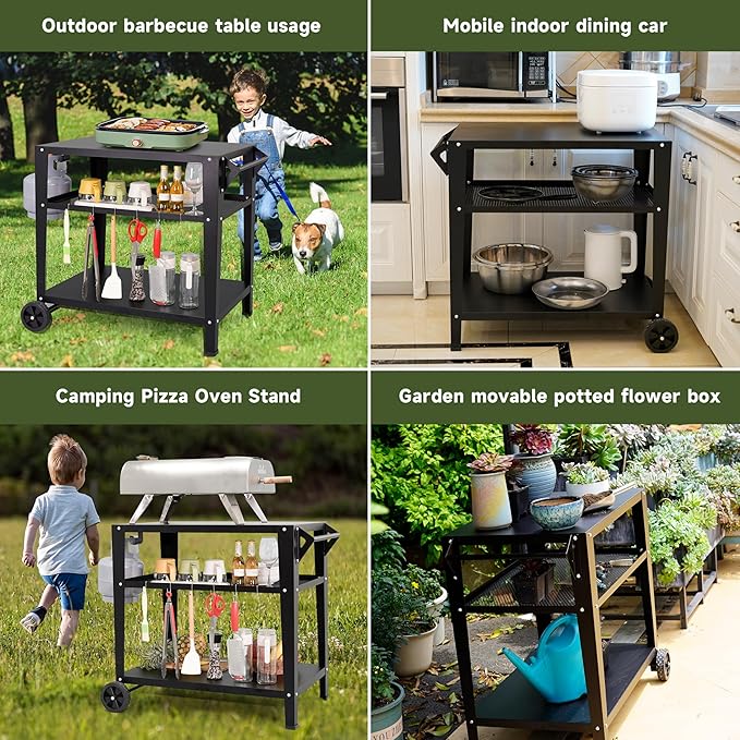Black Outdoor Grill Cart with Wheels, Heavy-Duty 3-Tier BBQ Prep Table for Pizza Oven, Griddle, Patio – Rustproof Commercial Kitchen Cart with Tool Hooks-Ruum Studio Home