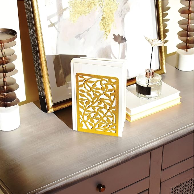 CNK Book Ends Bookends for Decorative Books Holder Bookend Shelves End Hold Heavy Duty Holders Stoppers Metal Stopper Cute Boho Bookshelf Holds Cookbook Office Home Set of 4 Bookends Pair Gold-Ruum Studio Home