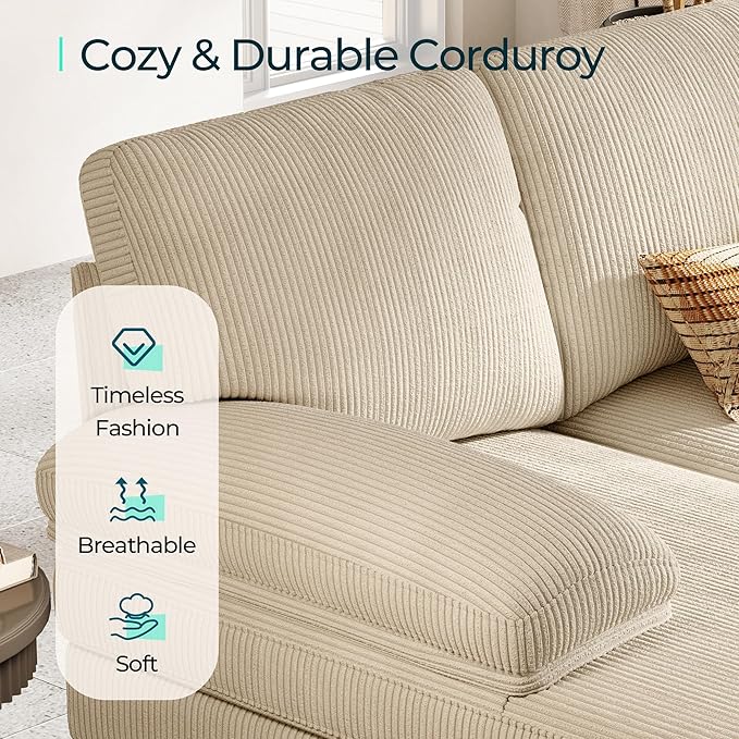 LINSY HOME Sectional Couch, 111'' W Corduroy U Shaped Sofa with Sleepable Armrests, 4 Seat Couch with Double Chaises, Deep Seat Sofa for Living Room, Beige-Ruum Studio Home