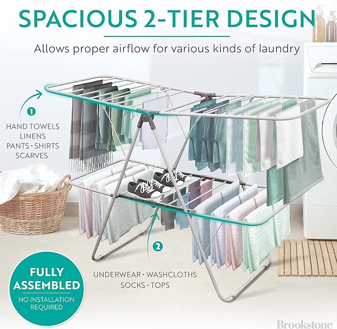 Brookstone – Extra Large – Double Spaced - 2 Tier Collapsible Clothes Drying Rack, Indoor/Outdoor Folding Hanging Garment Stand [NO Assembly - Ready Out of The Box]-Ruum Studio Home