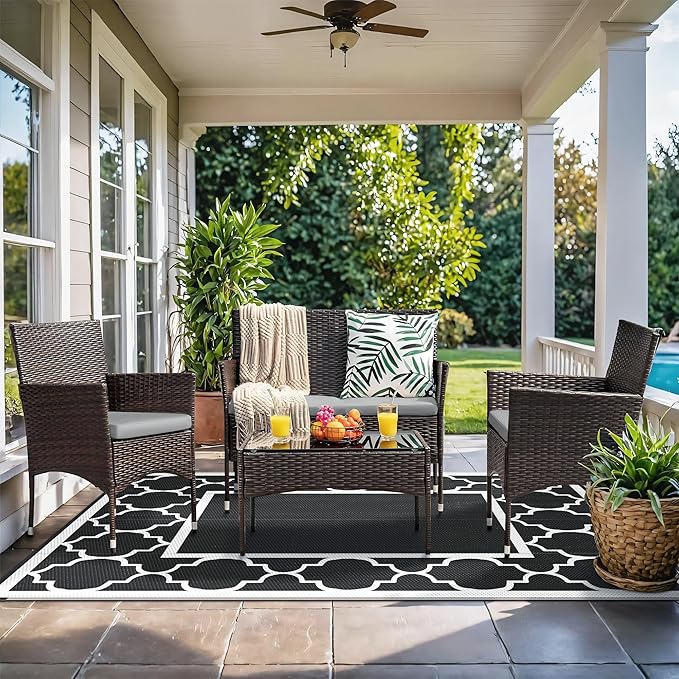 GENIMO 5' x 8' Outdoor Rug Waterproof for Patio Decor, Foldable Reversible Plastic Straw Area Rugs Mat for Camper, Outside Carpet for Rv, Deck, Porch, Picnic, Beach, Balcony, Black & White-Ruum Studio Home