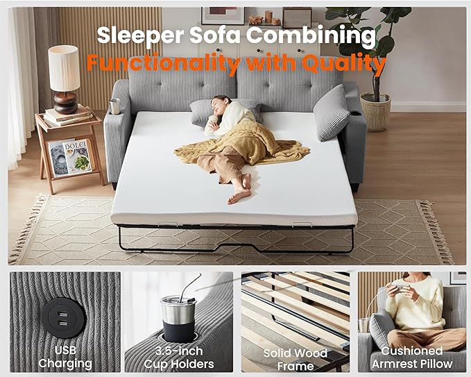 CHIC HOUSE Pull Out Sofa Bed, Full Size Sleeper Sofa, 2-in-1 Convertible Corduroy Couch with USB Charging, Memory Form Couch for Living Room, Apartment and Small Space (Grey, Corduroy - Queen Size)-Ruum Studio Home