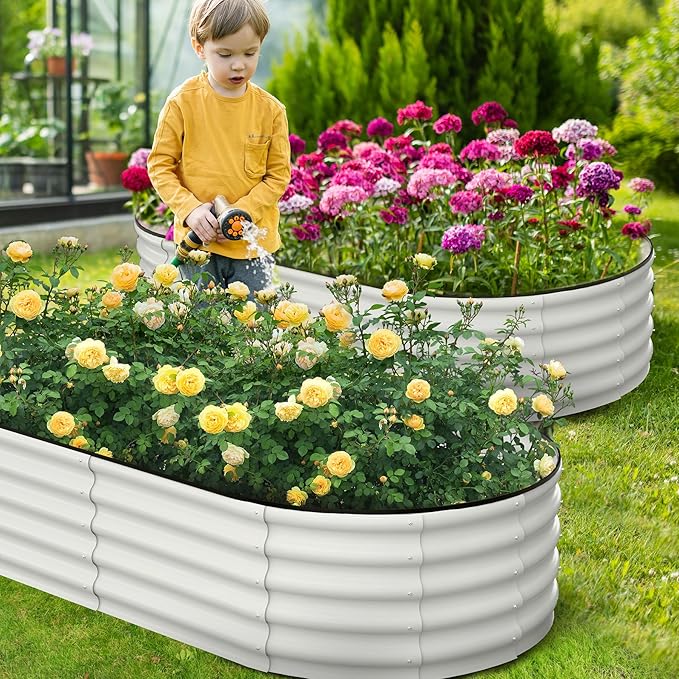 2 Pcs 6x3x2ft Oval Raised Garden Bed, Galvanized Raised Beds,Open-Ended Base Metal Raised Planter Beds,Garden Bed Outdoor,Planter Raised Boxes for Vegetables, Flowers,Tool-Free Asse,White-Ruum Studio Home