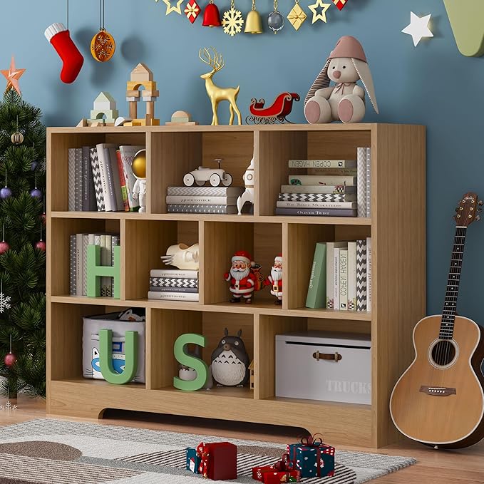 Book Shelf, 10 Cubes Storage Organizer, 3-Tier Open Shelf Wooden Bookcase, Freestanding Log Bookshelf Cube Shelf for Bedroom, Living Room, Home Office-Ruum Studio Home