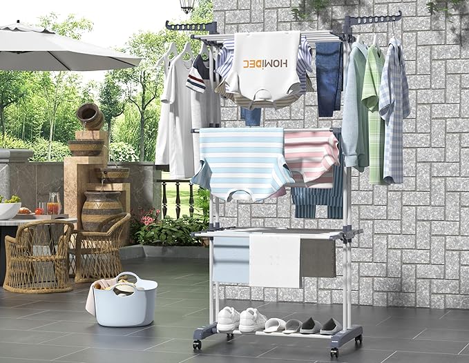 HOMIDEC Clothes Drying Rack, Oversized 4-Tier(67.7" High) Foldable Stainless Steel Drying Rack Clothing, Movable Drying Rack with 4 castors, 24 Drying Poles and 14 Hooks for Bed Linen, Clothing, Grey-Ruum Studio Home