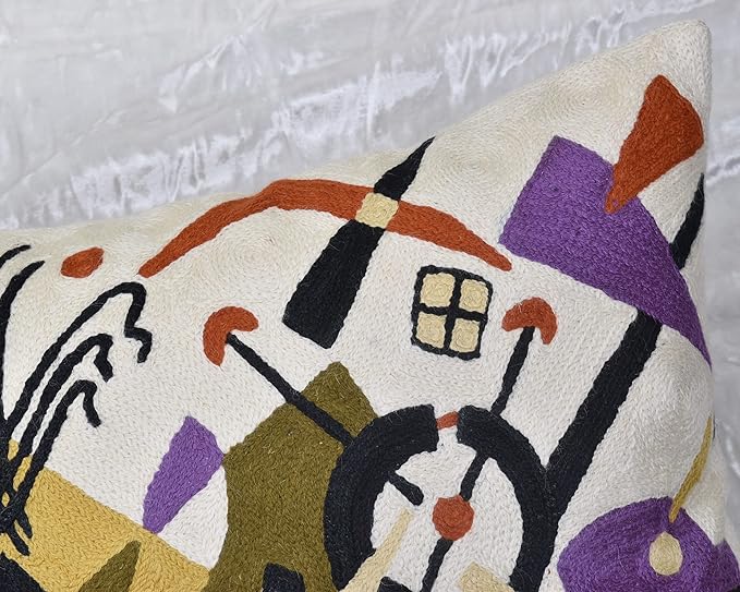 Kandinsky Abstract Pillow Cover - White Modern Throw Pillowcase Cream Chair Cushion Contemporary Farmhouse Pillows Modern Couch Handmade Wool Size 18x18-Ruum Studio Home