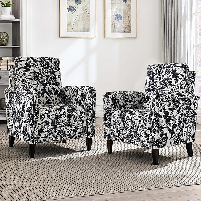 Floral Accent Chair Set of 2, High Back Upholstered Armchair with Solid Wooden Legs, Padded Armrest and Removable Comfortable Cushioned Seat Single Sofa for Living Room, Bedroom, Black-Ruum Studio Home