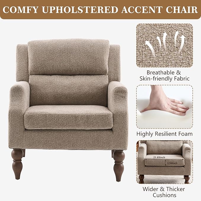 Kidol & Shellder Light Brown Oversized Accent Chair for Living Room Mid Century Modern Reading Chair with Back Upholstered Comfy Single Sofa Chair for Bedroom Lounge Side Corner Boucle Fabric Armchair-Ruum Studio Home